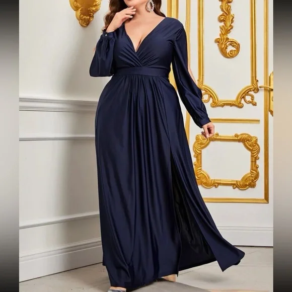 Luxe plus size bishop sleeve slit thigh party formal evening prom wedding dress - Picture 5 of 6